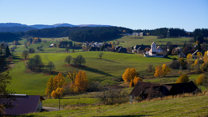 building, horizon, meadow, environment, nature, land, plant, box hill tower, autumn, village, field, cottage, black forest, sky, fall foliage, house, no people