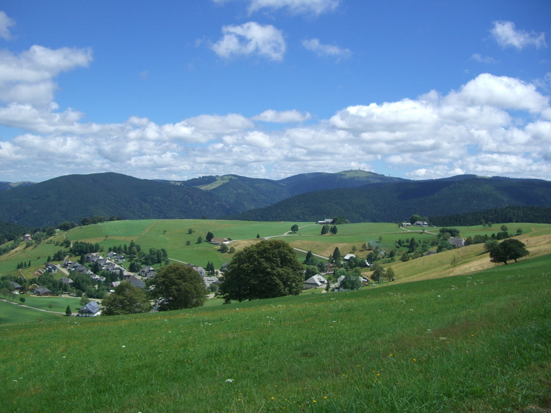 sky, black forest, cloud - sky, grass, green color, clouds, outdoors, hofsgrund, scenics - nature, tranquil scene, field, mountain, nature, beauty in nature