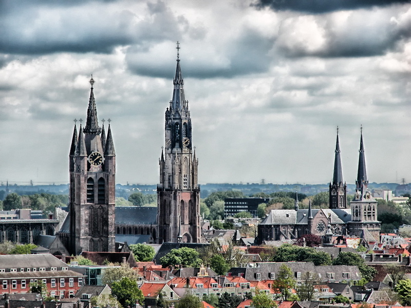 trees, brown, buildings, sky, travel destinations, clouds, outdoors, netherlands, spire, cloud - sky, building, outside, religion, city, hdr, churches