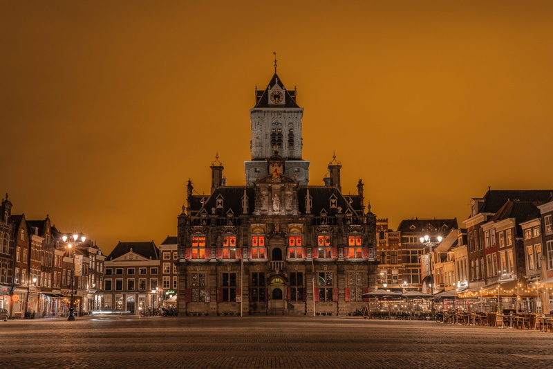 lighted, town hall, spire, town, the past, the netherlands, travel, sky, religion, 5K, illuminated, spirituality, outdoors, city hall, architecture, orange