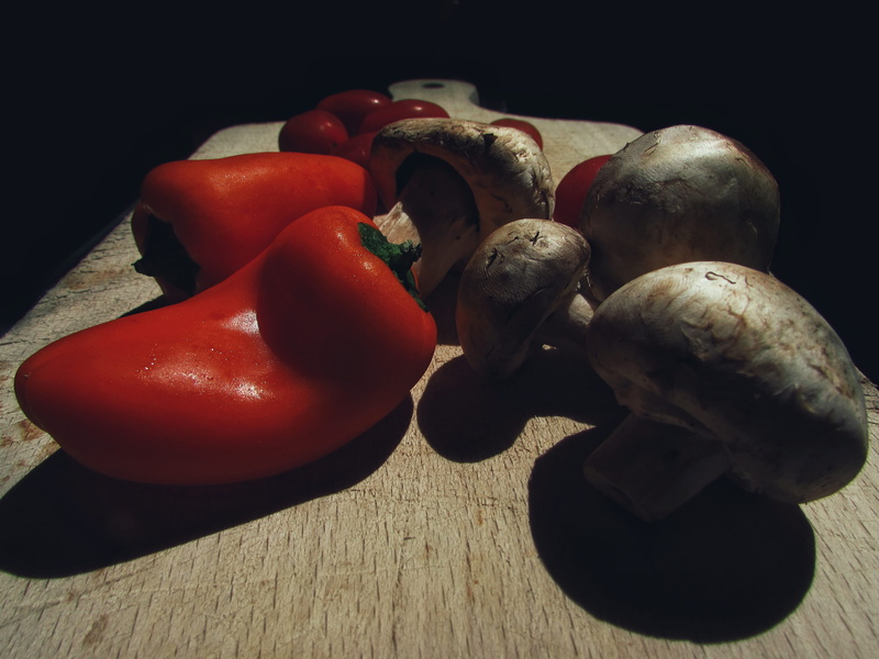 vegetarian food, mushrooms, raw food, freshness, wellbeing, tomato, high angle view, pepers, red, close-up, table, food and drink, shadow, bell pepper