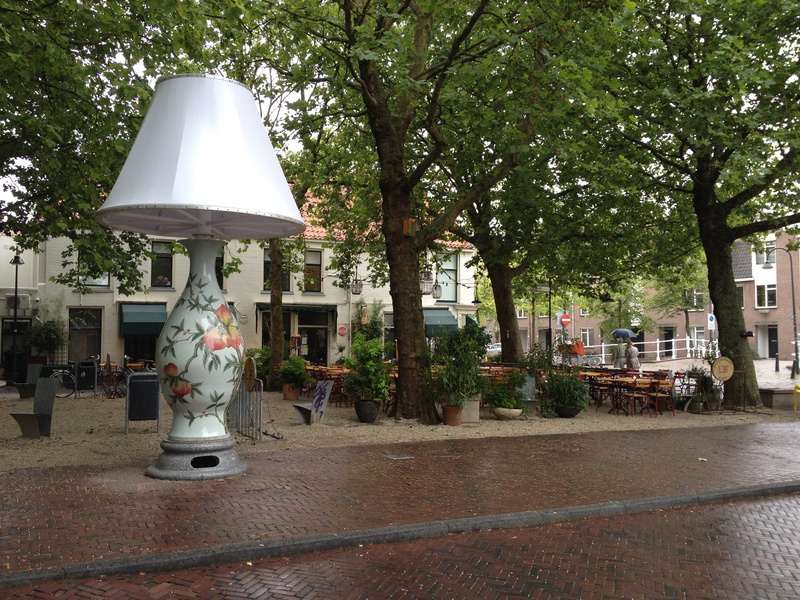 painting, park - man made space, park, building, architecture, design, delft, lamp, city, tree, town, growth, street, building exterior, outdoors, lighting equipment