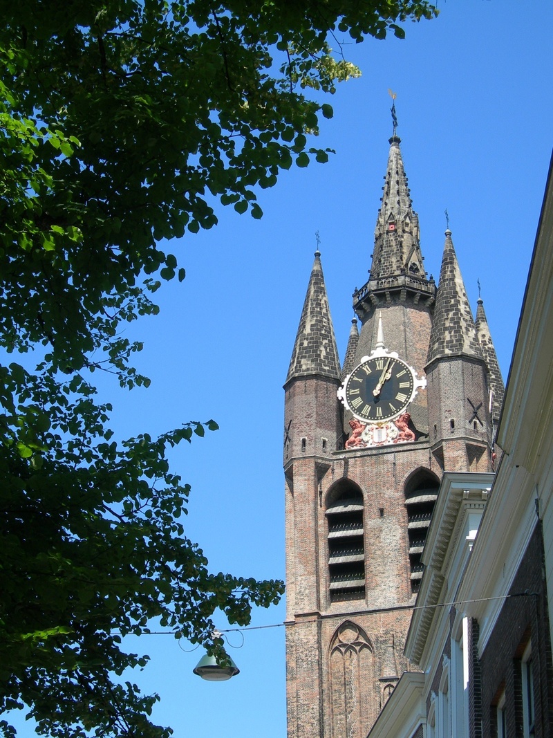 sky, buildings, gothic Style, no people, famous Place, street, spirituality, clear sky, day, delft, religion, clock tower, nature, plant, place of worship