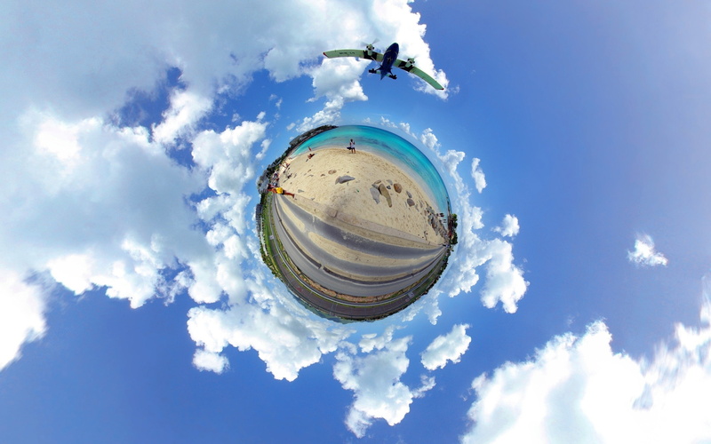 clouds, Panoramic Sphere, 2K, airplane, Surreal, beach