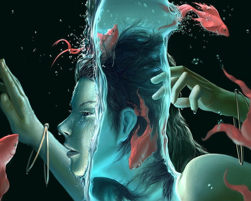profile, black background, Bare Shoulders, digital art, women, Long Hair, underwater, fish, water, hands, face, splashes, Surreal, bubbles, drawing, 720P