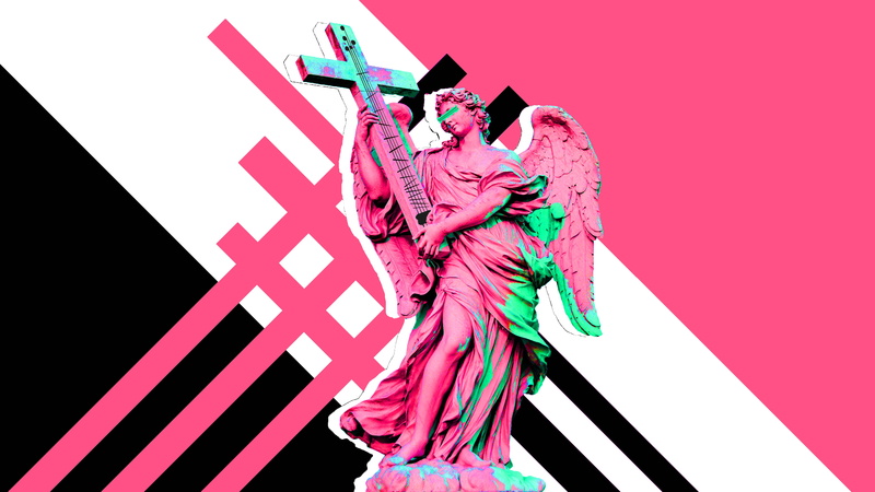 multi colored, statue, three quarter length, pink color, angel, traditional dancing, representation, art and craft, dancing, pink, indoors, musical instrument