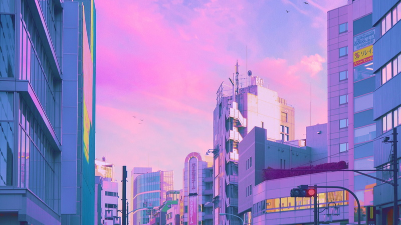 traffic lights, urban, 4K, Japan, building, skyline, cityscape, pink, clouds, Asia