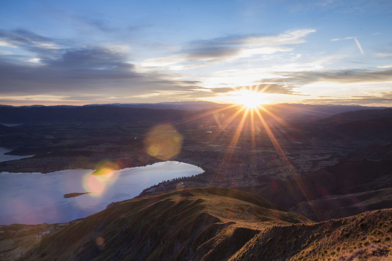 sun, lens flare, water, cloud - sky, scenics - nature, roys peak, outdoors, environment, sunset, new zealand, sky, idyllic, tranquil scene, bright, sunlight