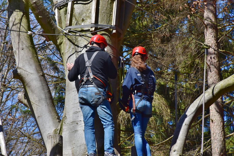 courage, adult, ropes course, 5K, plant, exhausting, two people, overcoming, wood, forest, fun, casual clothing, people, climbing park, test of courage