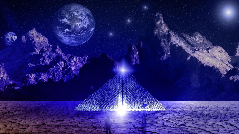 outdoors, fantasy landscape, architecture, different world, tranquility, luminous, galaxy, blue, sky, illusion, mountain range, nature, star, no people