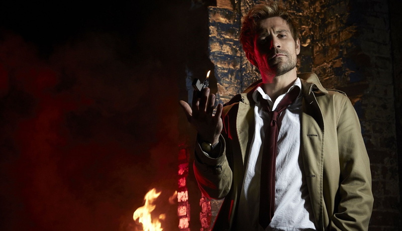 front view, males, communication, fire - natural phenomenon, 1080P, suit, indoors, night, John Constantine, adult, waist up, young adult, businessman