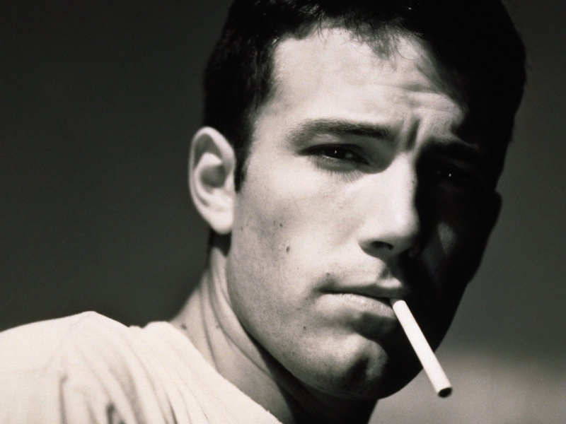 black and white, close-up, human face, cigarette, one person, looking at camera, studio shot, look, portrait, ben, Ben Affleck, black background, indoors