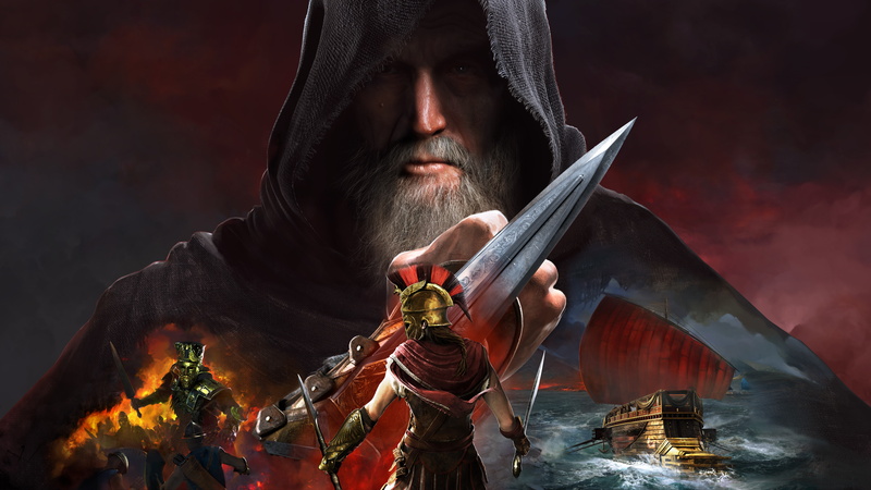metal, hood - clothing, Assassins, studio shot, beard, Odyssey, knife - weapon, hood, 8K, Creed, headshot, s, holding, adult, smoke - physical structure