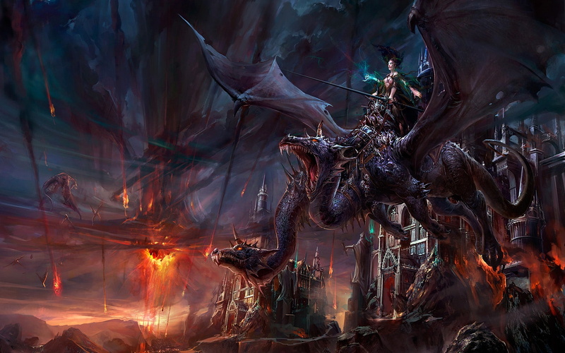 girls, wall, dragon, mtg, hot, art, 720P, x, kilnmouth, doublehead, hd, people, anyone