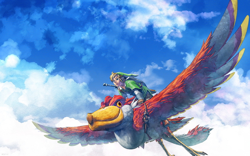 drawing, legend, video games, sword, red, photo, link, zelda, skyloft, shield, 720P, hd, bird