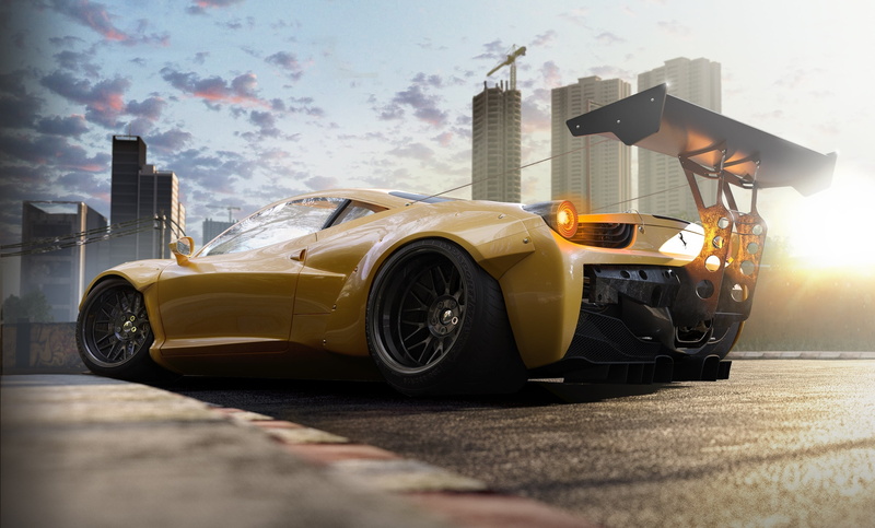 Track, outdoors, Tuning, building exterior, cloud - sky, skyscraper, Ferrari, architecture, wheel, no people, Italia, built structure, car, transportation