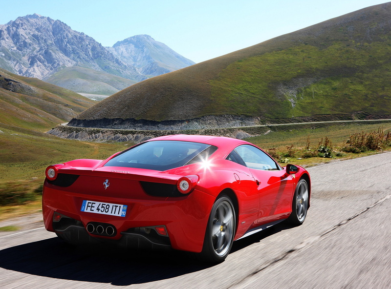 2K, car, mountain range, view, motor vehicle, travel, sky, luxury, non-urban scene, rear, day, transportation, environment, scenics - nature, red, Ferrari