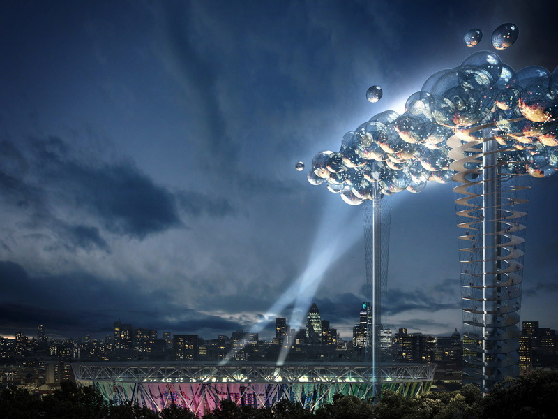 UK, The project, London, stadium, Olympic games 2012, balls, tower, night view, rays of light, energy-efficient cloud, 4K