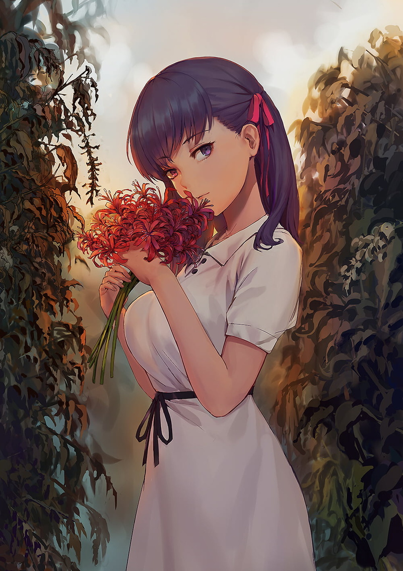 anime girls, Fate Series, 720P, Matou Sakura, white dress, fate/stay night: heavens feel, Fate/Stay Night, flowers, anime