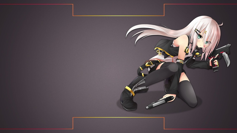 activity, sitting, animated, anime, studio shot, women, motion, white, publication, shoe, clothing, gray, pistol, holding, gray background, lifestyles