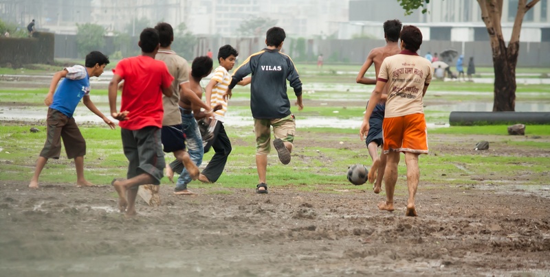 mud, kids, running, shorts, competition, slush, playing, 2K, motion, rain, child, ball, group of people, children, sport, males, football, grass, boys
