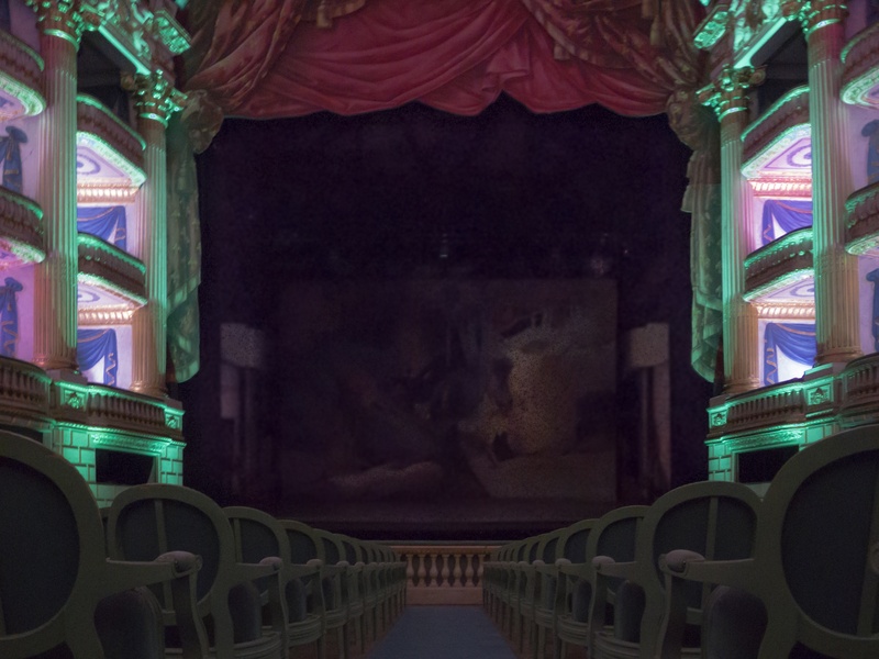 place of worship, seats, art and craft, theatre, line, built structure, scenario, religion, backdrop, spirituality, lighting equipment, in a row, absence