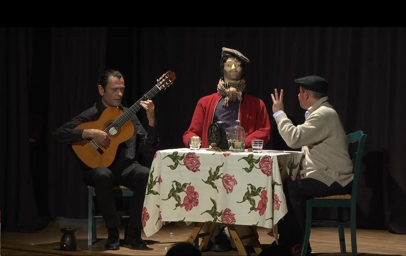 performer, chimiki, mature adult, josé maría montero, indoors, playing, standing, stage, theatre, young men, put in scene, people, poet, adult, holding