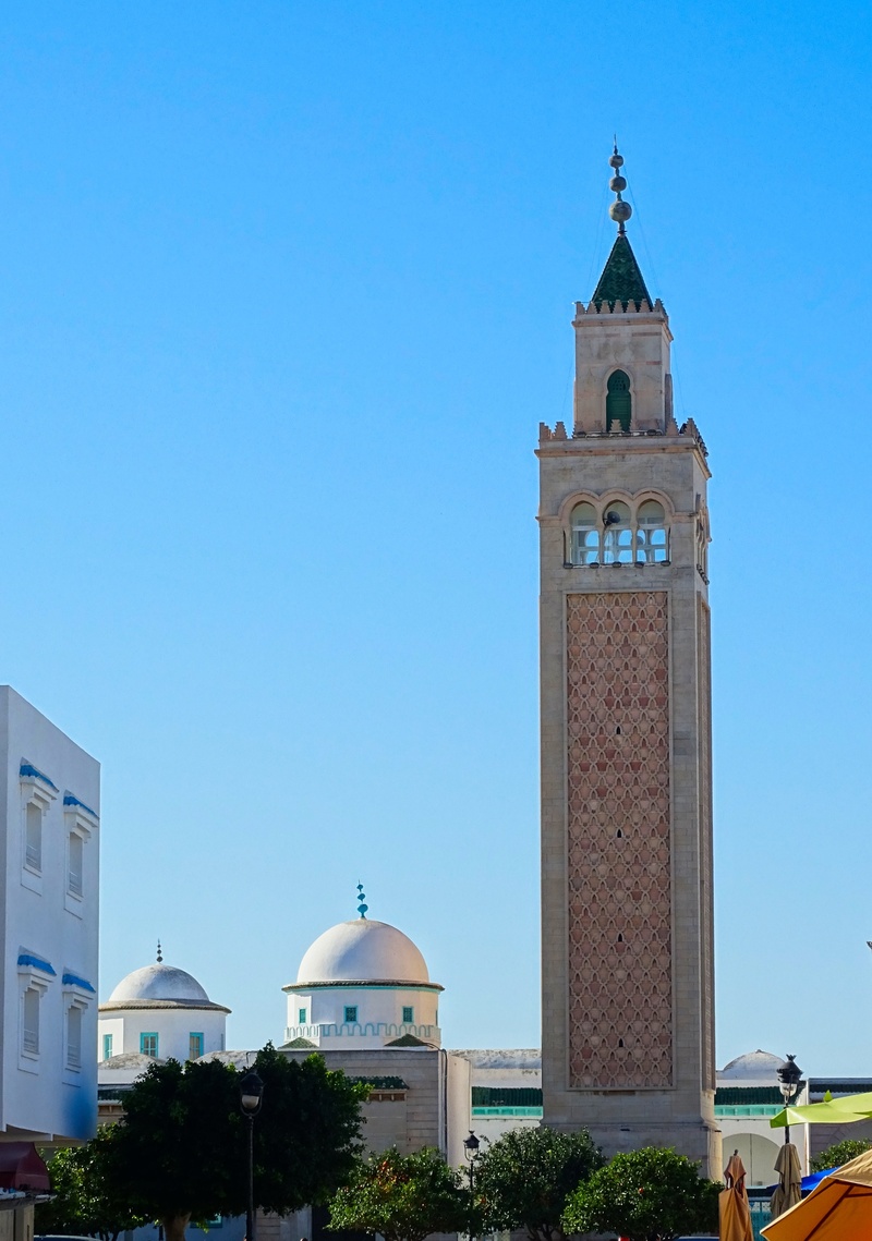 architecture, outdoors, clear sky, building, nature, building exterior, bell tower - tower, place of worship, tunis, built structure, blue, copy space