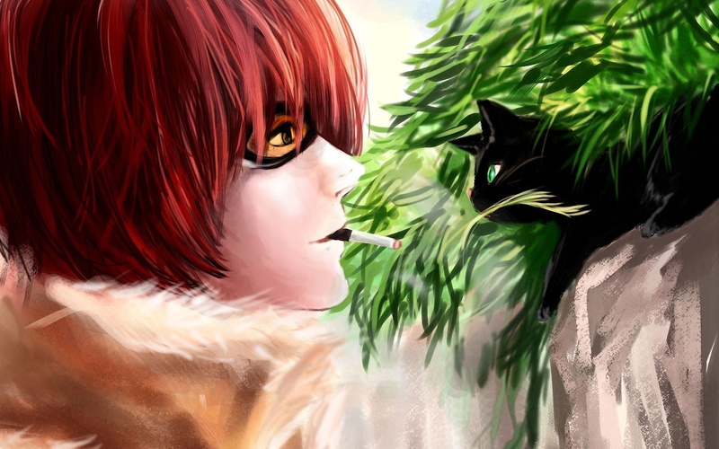 death, grass, cat, guy, cigarette, note, art, black, 1080P, rikamello, matt, glasses
