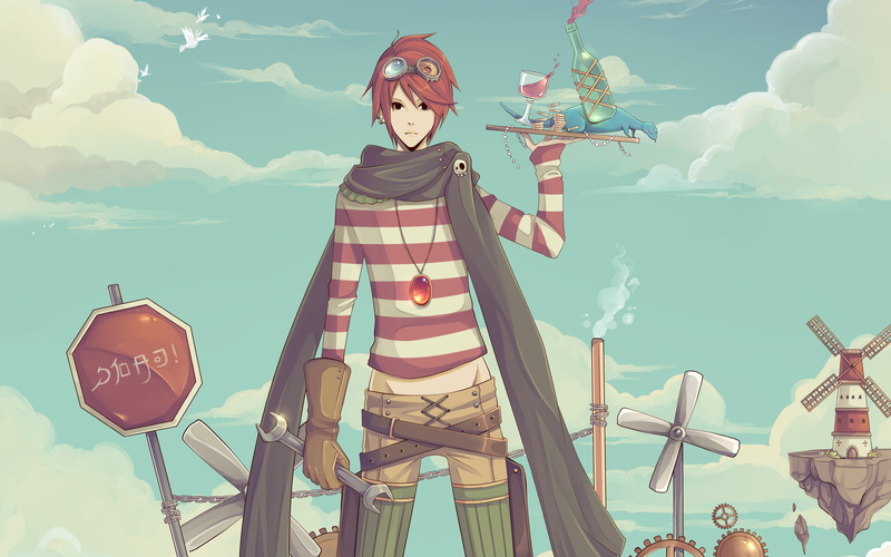 medallion, money, male, red, guy, coins, fictional, art, glasses, Jun, 4K, glass, mill, birds, character, key, bottle, glove, gasara, tray