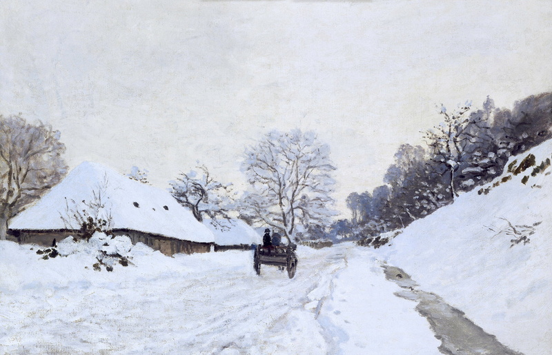 picture, landscape, A cart on the Snowy Road and the Farm of Saint-Simon, 1080P, Claude Monet, snow, winter