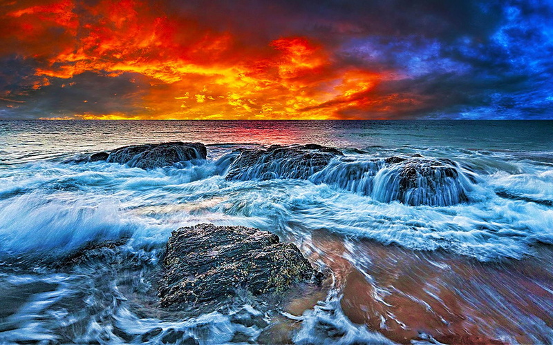 ember, 3d and abstract, beach, beauty, painting, cloud, dream, 1080P, rocks, wave, tomorrow, seashore