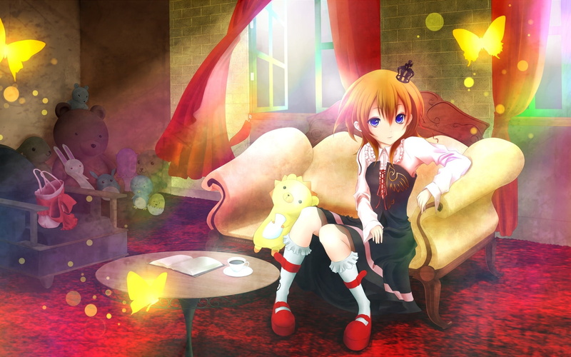 sitting, ushiromiya, Anime / Animated, digital, sculpture, anime, still life, toy, celebration, sofa, lens flare, creativity, representation, haired, multi colored