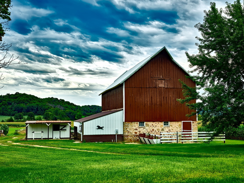 house, nature, built structure, day, stable, trees, clouds, 1080P, rural, green color, tree, forest, land, agricultural building, outdoors, barn, meadow