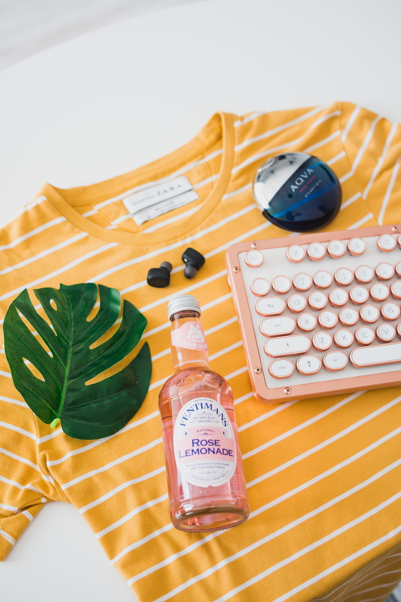 girl, bottle, striped, colorful, sweater, rose lemonade, pill, flatlay, business, leather, girly, tech, pinterest, top down, plant, warm, keyboard, autumn