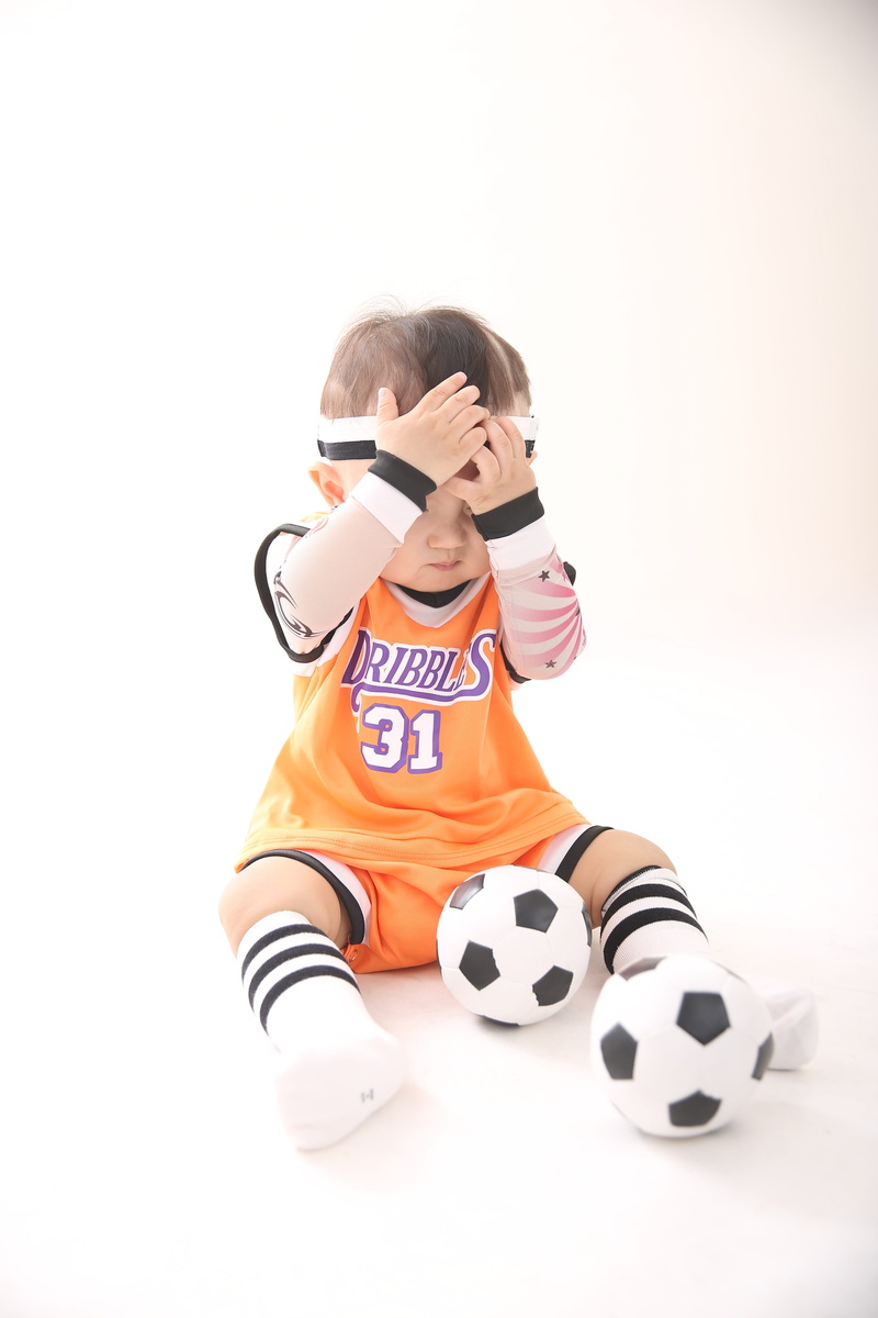 child, pitching failure, team sport, innocence, ball, baby, soccer, front view, indoors, studio shot, sport, full length, sports uniform, headband, Basketball