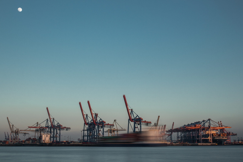 port, construction, waterfront, machinery, cargo container, industry, vehicle, moon, ocean, water, longtime, 4K, germany, architecture, harbor, ship, commercial dock