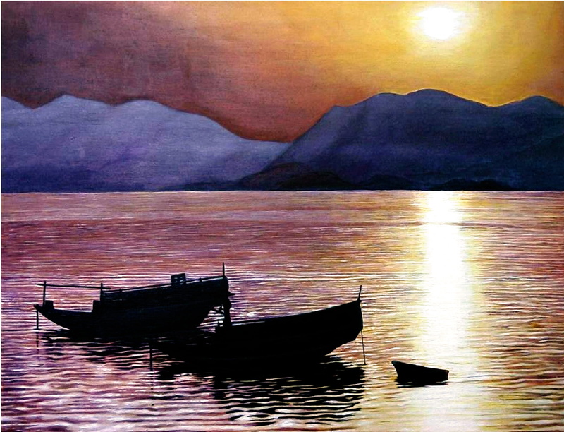 sunset, silhouette, tolo, tolo habour, 1080P, mode of transportation, cloud - sky, sea, reflection, nature, sky, Tolo Harbour, ocean, landscape, acrylic