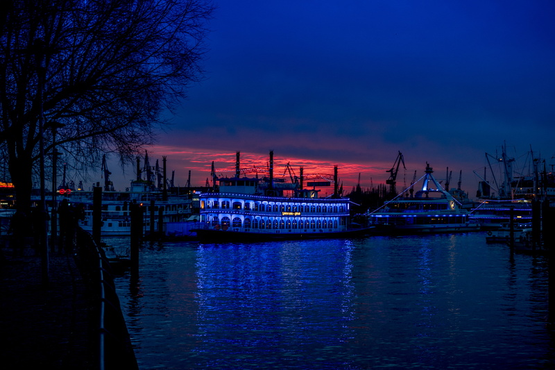 passenger craft, habour, commercial dock, sky, mode of transportation, outdoors, blue hour, ship, freight transportation, boat, water, harbor, shipping