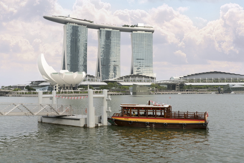 waterfront, no people, river, cloud - sky, travel, skyscraper, tourism, transportation, outdoors, marina bay sands, boat, singapore marina bay, bum boat