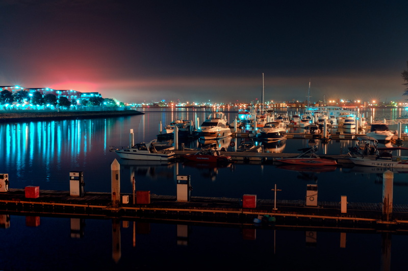 boat, transportation, marina, mode of transportation, architecture, sea, outdoors, dorm, lights, nightlife, waterfront, sky, reflection, 5K, habour, pier