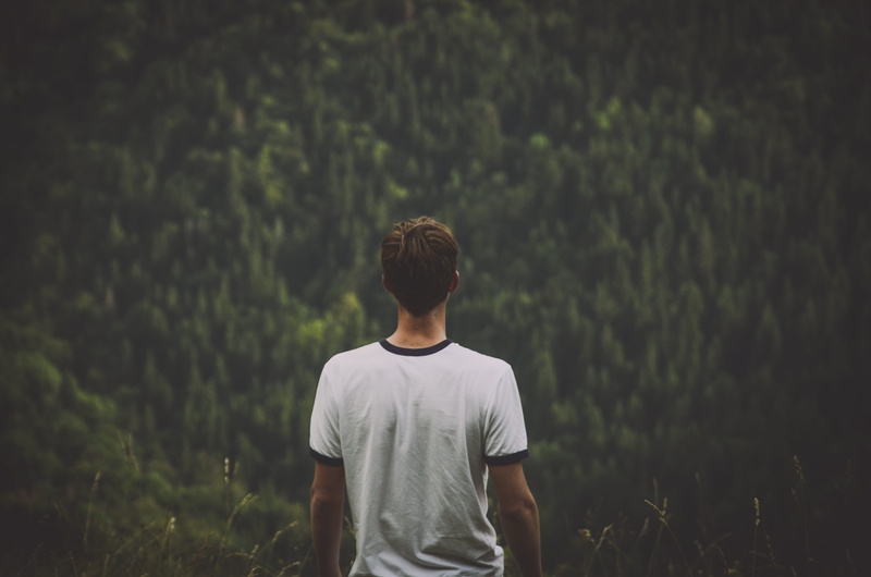 white, man, teenager, young adult, tee, growth, men, focus on foreground, young men, leisure activity, real people, lifestyles, land, waist up, rear view