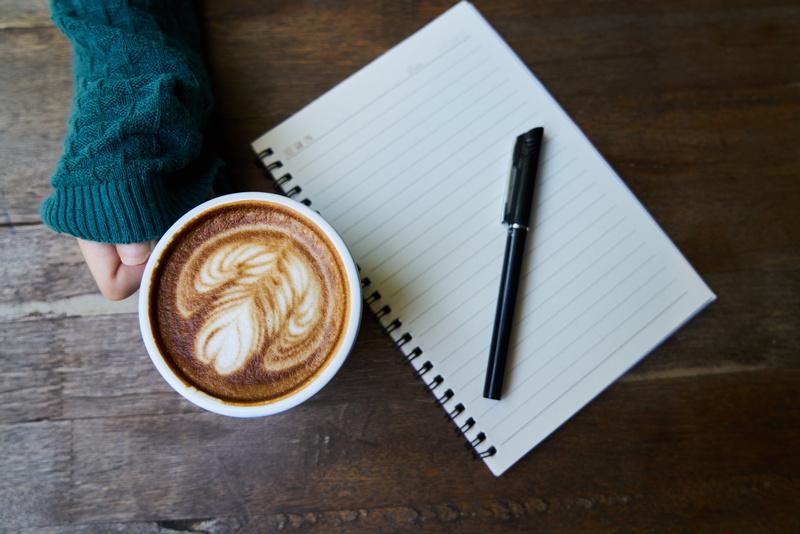 beverage, photo, coffee cup, coffee - drink, notebook, white, close-up, one person, note, pen, directly above, take notes, hot, near, indoors, froth art