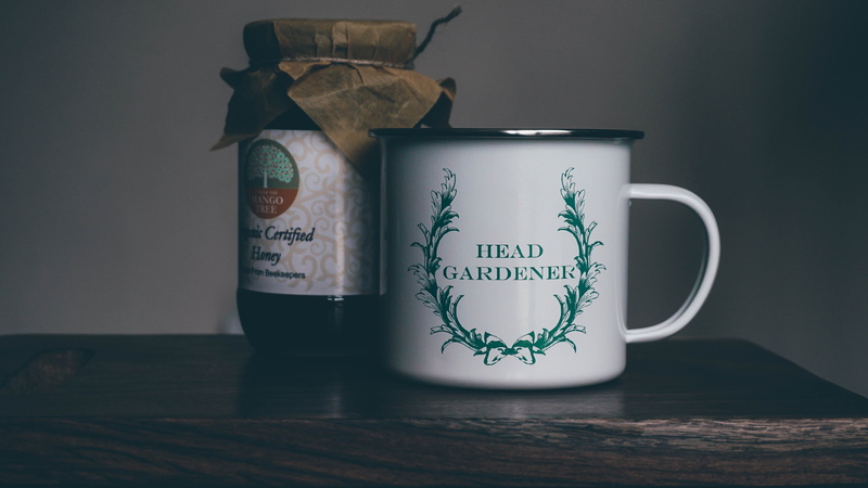 simplicity, coffee cup, gardener, message, western script, container, ceramics, start up, table, enamel, food, food and drink, brown, drink, plant, still life