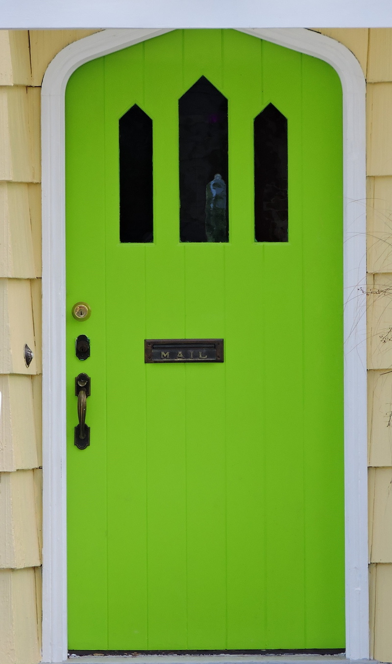 entrance, outdoors, communication, architecture, residential district, home, green color, building, yellow, built structure, window, closed, wall - building feature