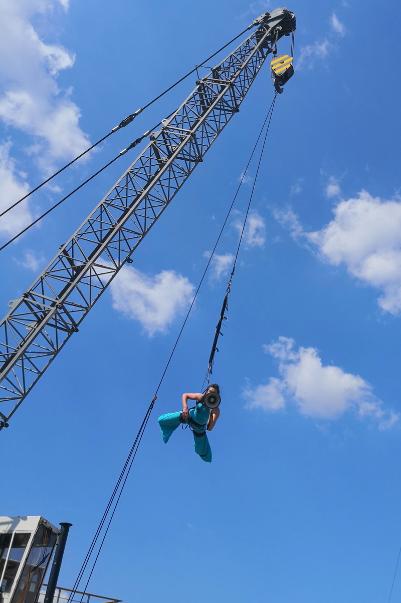sky, cloud - sky, summer, copenhagen, adventure, open air, blue, rope, one person, denmark, machinery, 4K, nature, day, art, woman, lifestyles, low angle view