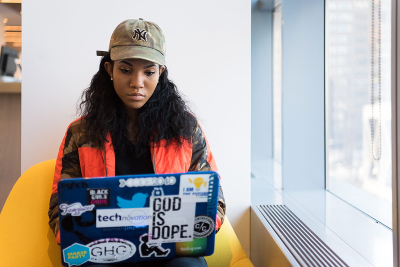 serious, young adult, programmer, woman, working, girl, confidence, development, black hair, using, programming, adult, clothing, laptop, computer, waist up