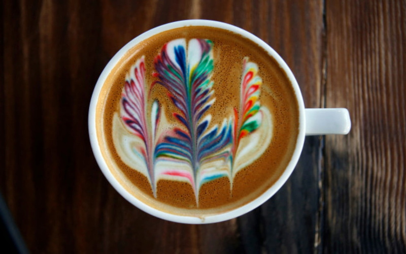 Iced, refreshment, food and drink, coffee - drink, frothy drink, multi colored, Havana, indoors, wood - material, crockery, directly above, mug, hot drink