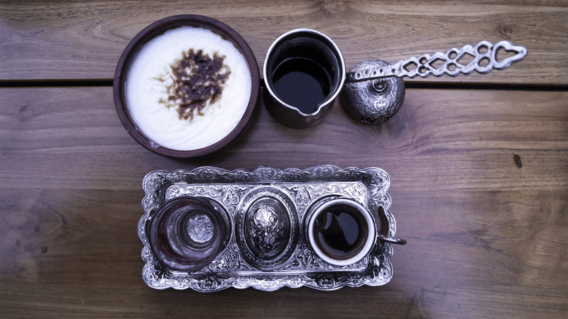 indoors, restaurant, no people, cup, refreshment, table, close-up, 4K, turkish coffee, food, turkish, lid, UAE, silver colored, high angle view, wood - material