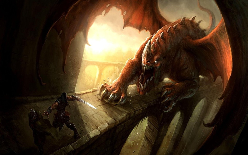 dragon, fantasy, orange, warrior, 1920x1200, drawing, following, 1080P